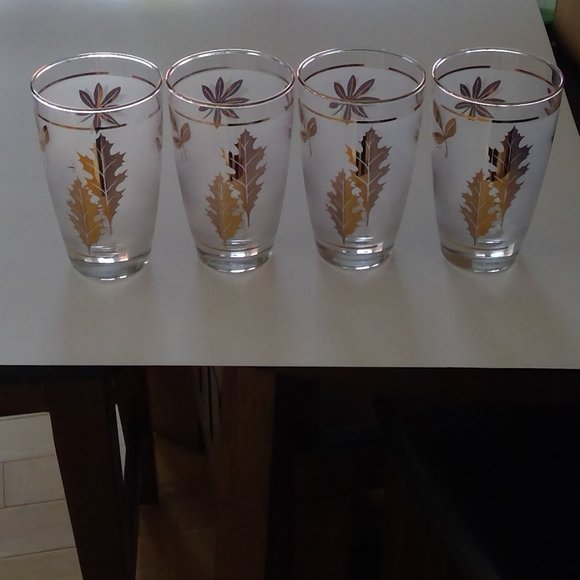 Vintage MCM Libbey Gold Foliage frosted leaf pattern glasses - Picture 3 of 12
